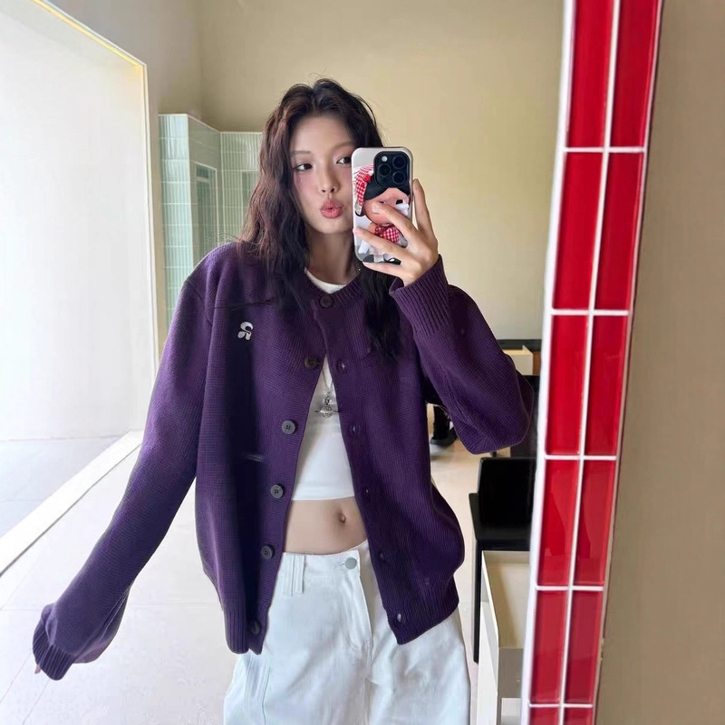 韩版超显白紫色针织开衫毛衣女25秋冬新款慵懒风宽松针织上衣外套|undefined