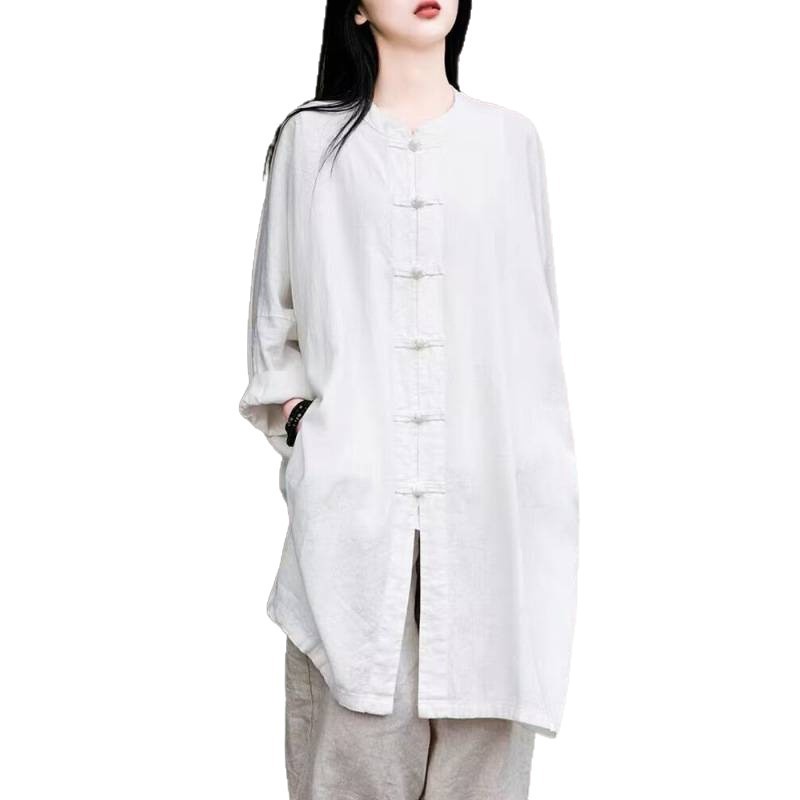 亚麻复古衬衫女2025宽松中长款长袖太极服上衣棉麻衬衣裙|undefined