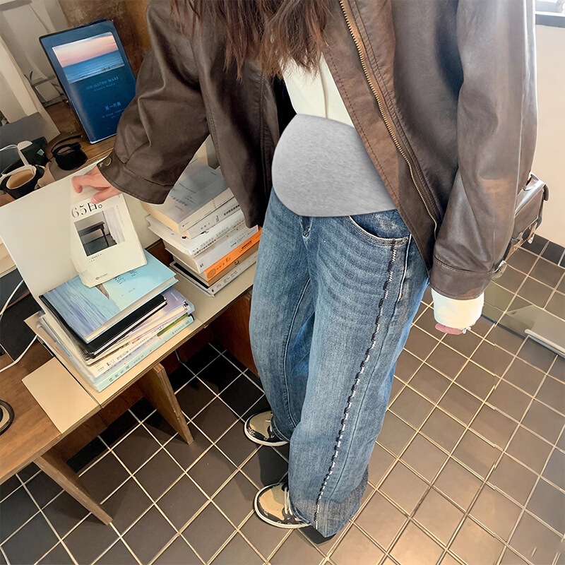 Maternity Jeans Autumn Embroidered Wide-Leg Pants Straight-Leg Jeans Belly Support Pants Casual Loose Long Pants for Women