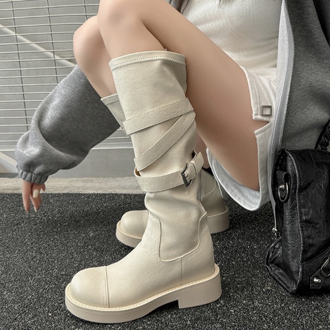 Boot nữ mũi tròn cao gót đế dày phong cách hiệp sĩ có khóa thắt lưng — Lớp lót nhung đen