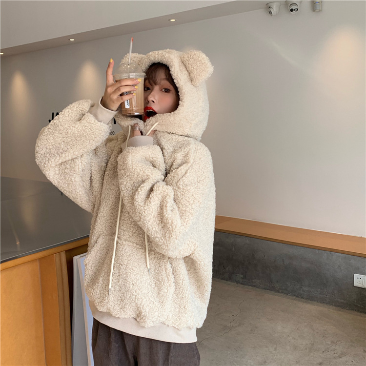 Autumn and Winter Korean Version 2025 New Cute Bear Ears Hooded Loose Imitation Lamb Wool Student Long-Sleeved Sweatshirt for Women