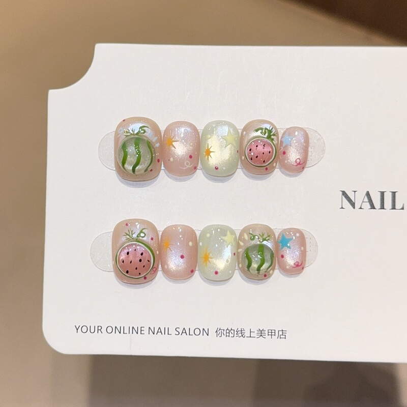 Qianfan [Gusaemon] Cute Hand-Painted Pinchable Watermelon Cat Eye Handmade Wearable Manicure Patch Fake Nails