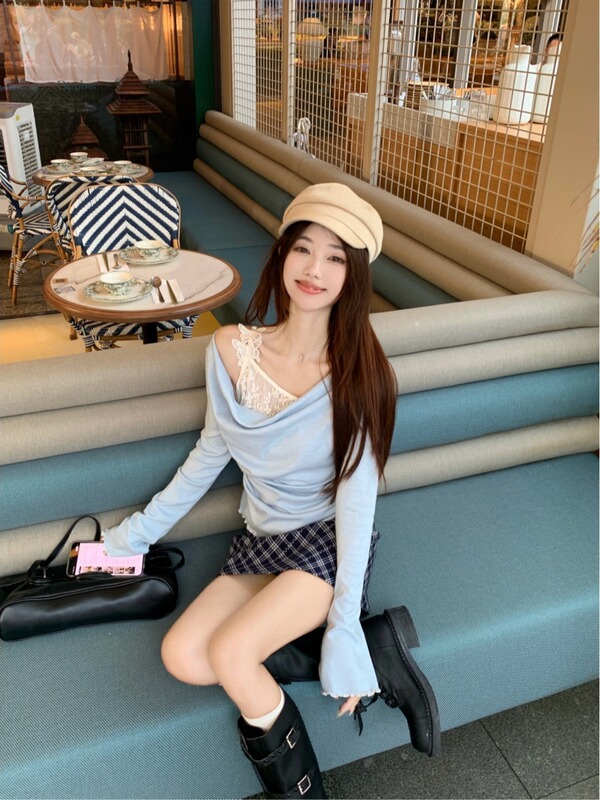 纯欲风露肩设计感长袖T恤女秋季2025新款收腰显瘦蕾丝拼接上衣ins|undefined