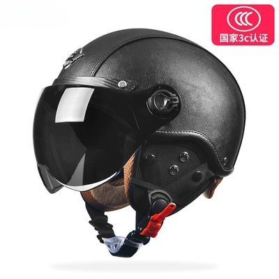 motorcycle helmet 3C certification men's: Motosiklet dəbilqələri - one-size-fits-all-leather-black-removable-ear-protection-class-a-harley-short-mirror-shade-short-mirror