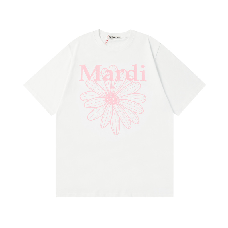 マルディ 小さなデイジー柄 ラウンドネック 半袖 レディースTシャツ ゆったり 着痩せ効果 レタープリント 綿100% トップス プリント半袖Tシャツ|undefined