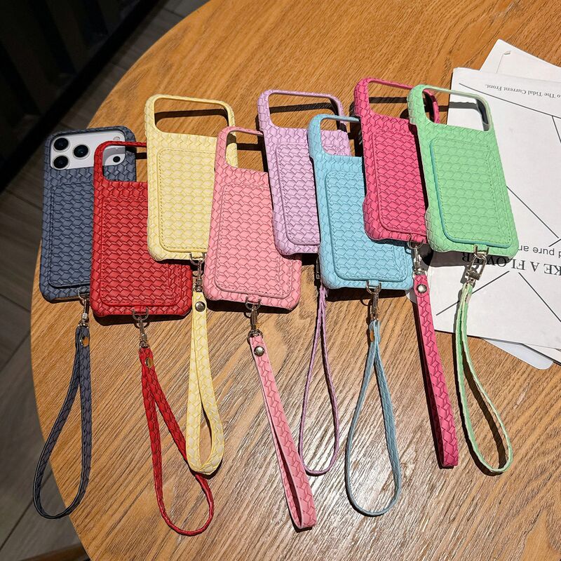 Chanel-Style Bv Woven Pattern Card Holder Case Suitable for Apple iPhone 17 Anti-Loss Wrist Strap Phone Case Pc Hard Protective Cover