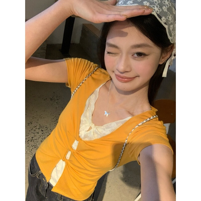 Song Zheng'En Mango Yellow Fake Two-Piece Lace Regular Shoulder Short Sleeve T-Shirt for Women, Summer Slim Fit American Style Hot Girl Top Song Zheng'En Mango Yellow Fake Two-Piece Lace Regular Shoulder Short Sleeve T-Shirt for Women, Summer Slim Fit American Style Hot Girl Top