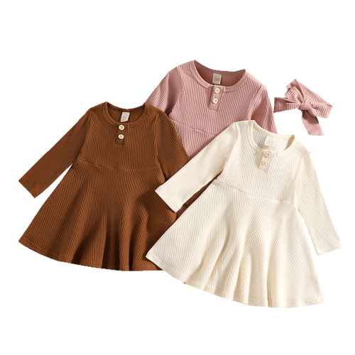 Ins-style Spring and Autumn Season Cross-border Exclusive Girls' Clothing Round Neck Buttonless Plain Color Casual Comfort Ribbed Long Sleeve Dress