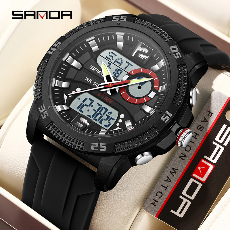 Sanda SANDA Reloj deportivo Reloj electrónico luminoso multifuncional de doble pantalla Reloj despertador Moda Reloj para estudiantes masculinos y femeninos 3372