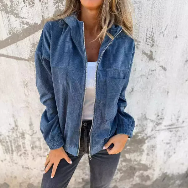 Independent Station Cross-border Hot Selling Autumn New Solid Color Jacket Women's European and American Simple Wind Corduroy Hooded Jacket for Women