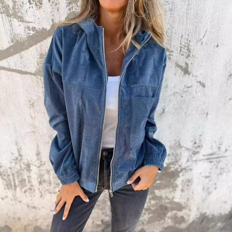 Independent Station Cross-border Hot Selling Autumn New Solid Color Jacket Women's European and American Simple Wind Corduroy Hooded Jacket for Women