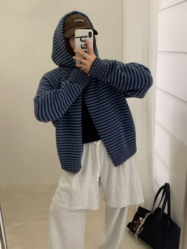 春秋冬季韩版拉链条纹连帽卫衣女宽松百搭针织衫慵懒复古毛衣外套|undefined