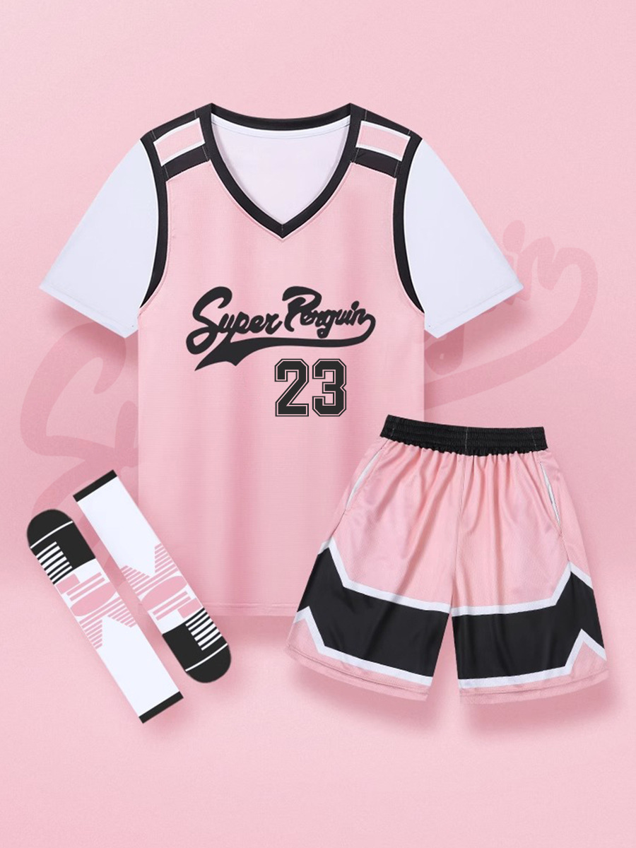 Basketball Uniform Suit Printed Fake Two-Piece Jersey Women's Outdoor Pink Sports Running Fitness Training Short-Sleeved Basketball Jersey
