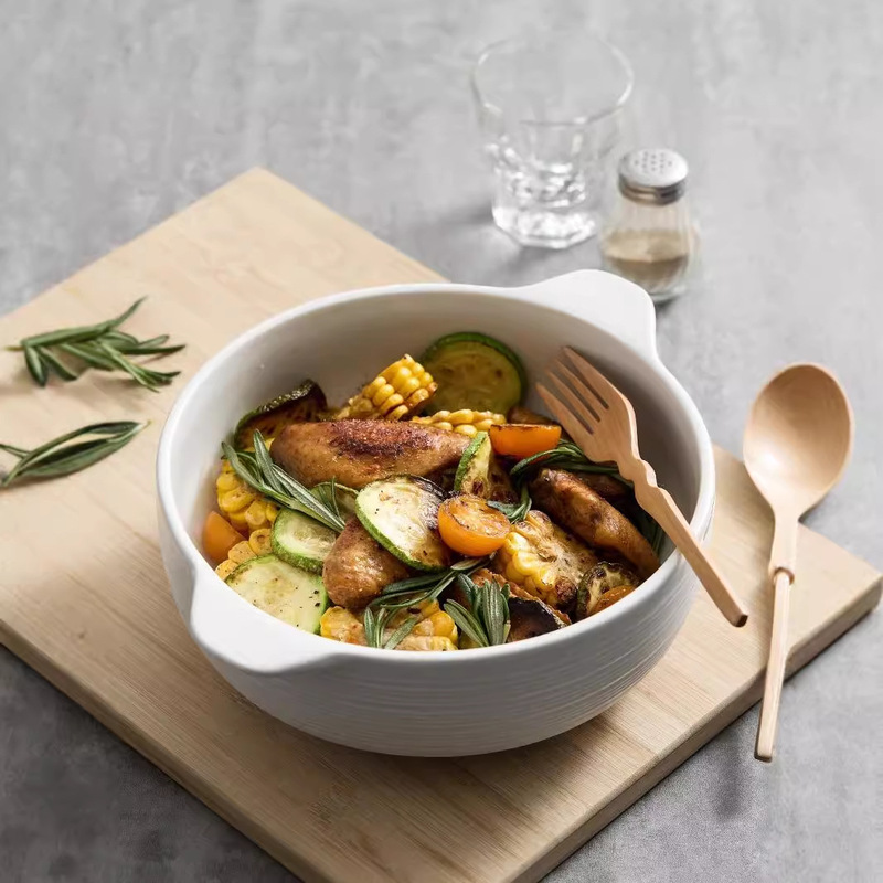 Ceramic Binaural Soup Bowl Creative Anti-scalding White Simple Large Bowl Japanese-style Noodle Bowl Household Large Capacity Soup Bowl Baking Bowl