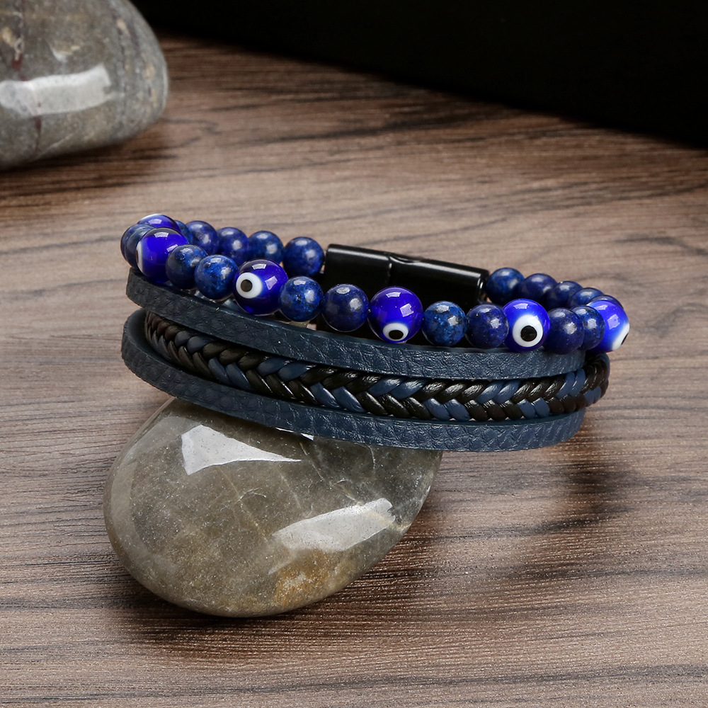 2PCS Glas Teufelsauge Perlen Leder Mehrschichtige Legierung Schnalle Armband Herren Neuer Stil_voghion.com