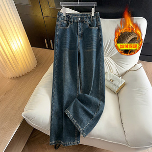 plus size women's 200/300kg pants high waist slim casual loose slim fleece-lined thick jeans 3379