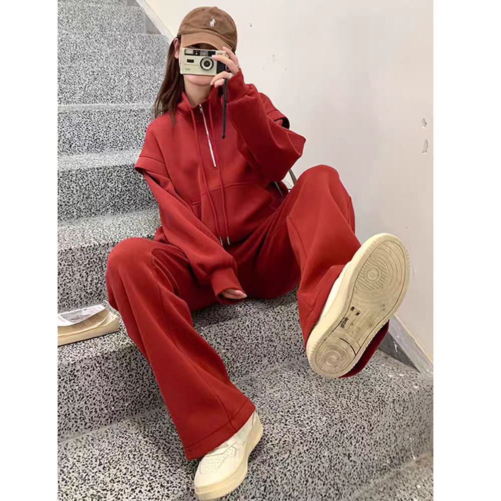 ng2510292 Pure Cotton Red Salt Sweet Style Age-Reducing Slimming Sweatshirt Sports For Women Spring And Autumn Casual Long Pants_ecoleips.com