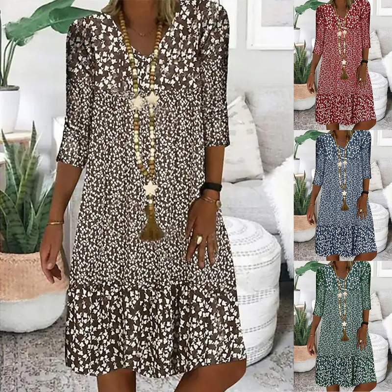 Cross-Border Export 2025 Amazon Independent Station Wish Summer New Printed Mid-Sleeve V Neck Mid-Length Dress for Women