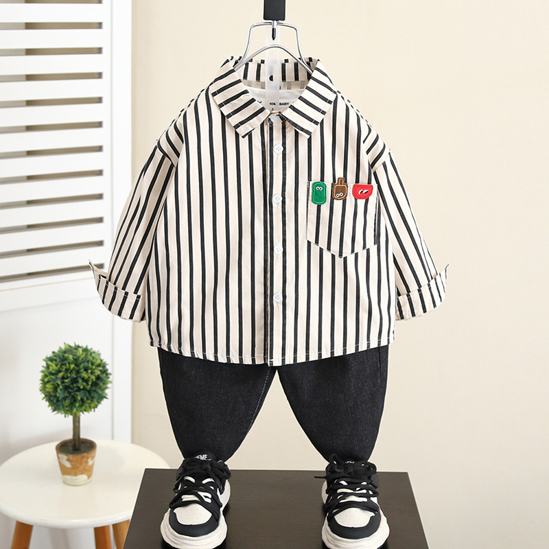 5836 Chaqueta de camisa a rayas para niños Primavera y otoño 2025 Nuevo estilo Camisa de manga larga para niños Ropa de otoño para bebés