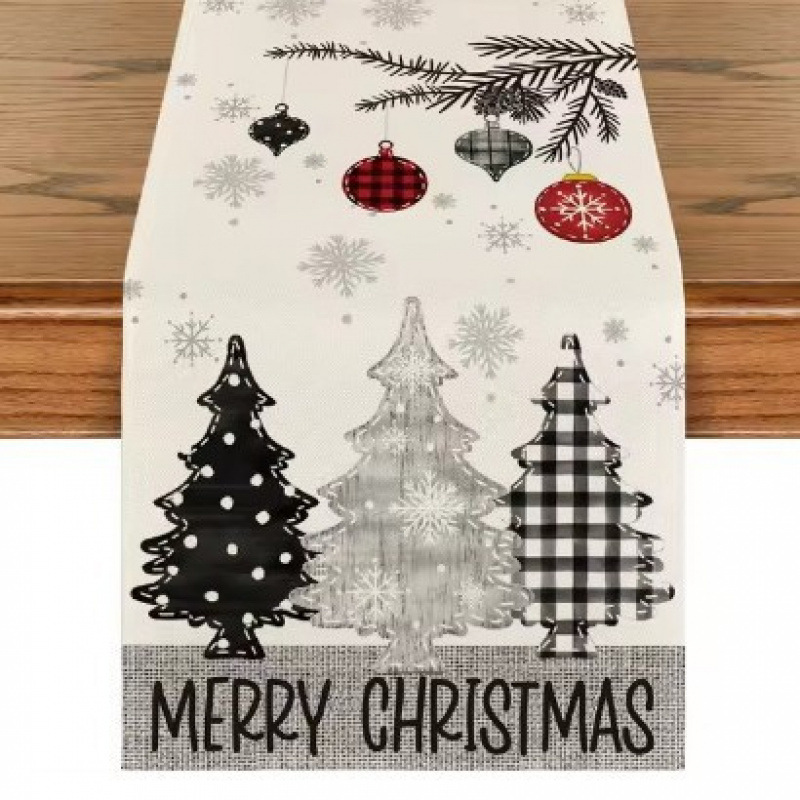 Camino de mesa navideño con estampado de muñeco de nieve y Santa