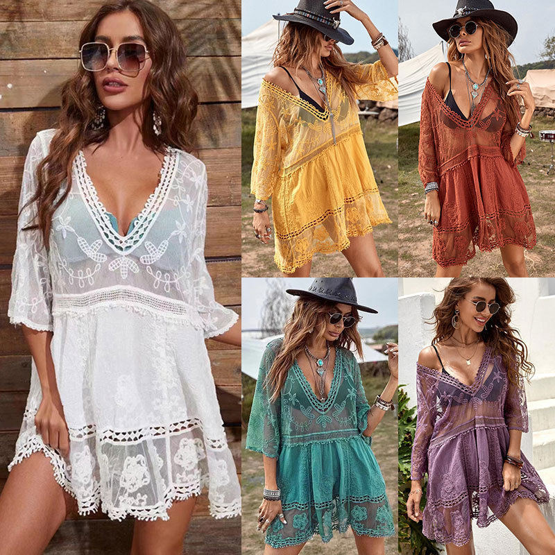 Cross-Border Amazon European and American Beach Cover-Up Lace Hollow Sun Protection Clothing Sexy Bikini Swimsuit Outer Wear
