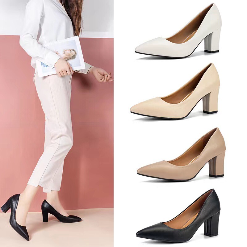 Fashionable Women's Single Shoes with Chunky Heels, 2024 Spring New Style, Pointed Toe Work Shoes, Slip-On, Korean Style, High Heels, Non-Slip Fashionable Women's Single Shoes with Chunky Heels, 2024 Spring New Style, Pointed Toe Work Shoes, Slip-On, Korean Style, High Heels, Non-Slip