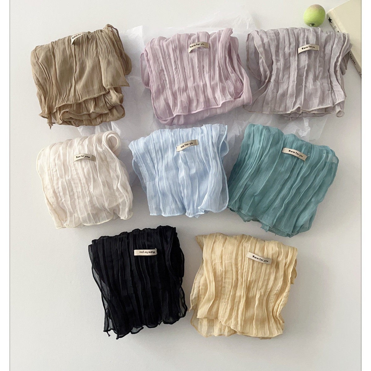 Korean-Style Solid Color Pleated Long Silk Scarf for Women, New Summer Model, Lightweight, Breathable, High-End Feel, Versatile Neck Scarf with Ribbon