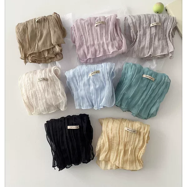 Korean-Style Solid Color Pleated Long Silk Scarf for Women, New Summer Model, Lightweight, Breathable, High-End Feel, Versatile Neck Scarf with Ribbon