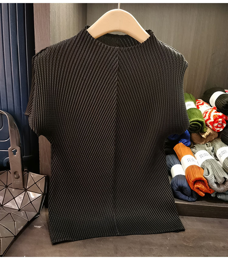 Áo cổ đứng xếp li vảy rồng tay ngắn nữ cao cấp đa năng — Màu đen, Màu đỏ hoa hồng, Màu hồng, Màu xanh lá chi tiết 24