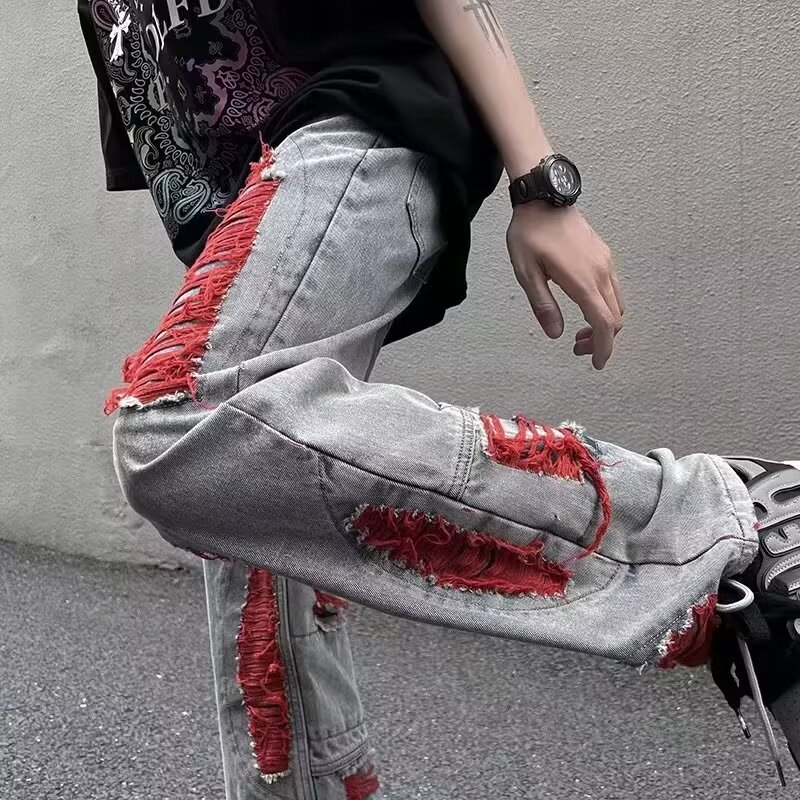 boy Cross-Border Green Ripped Jeans Men's Spring Autumn Trendy Brand European And American High Street Frayed Edge_viptrois.com