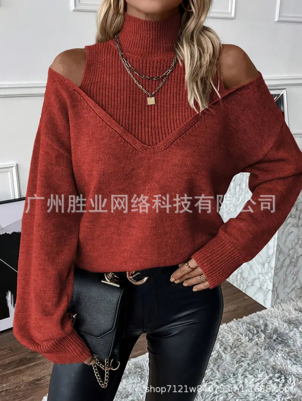 欧美跨境外贸高领秋冬毛衣时尚优雅长袖撞色毛衣露肩设计罗纹袖口|undefined
