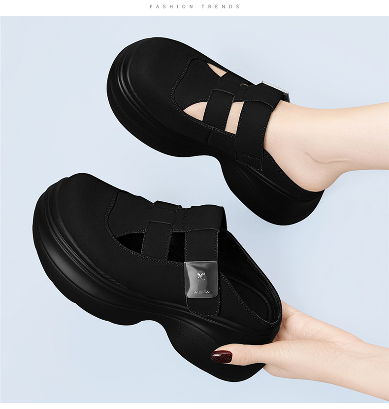 Dép sandal nữ da thật đế xuồng cao gót 7cm thoải mái đi ngoài trời mùa hè — 7183 màu be, 7183 Màu đen chi tiết 5