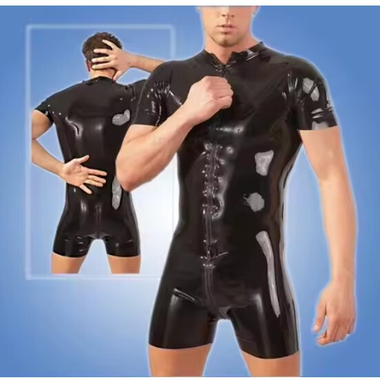 Latex Bodysuit Stand Collar Front Open Wrap Crotch Zipper Half Sleeve Latex Bodysuit
