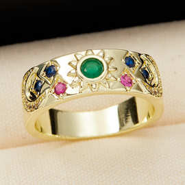 蓝菁 跨境亚马逊爆款个性ins风太阳月亮星星镶嵌彩色锆石指环戒指