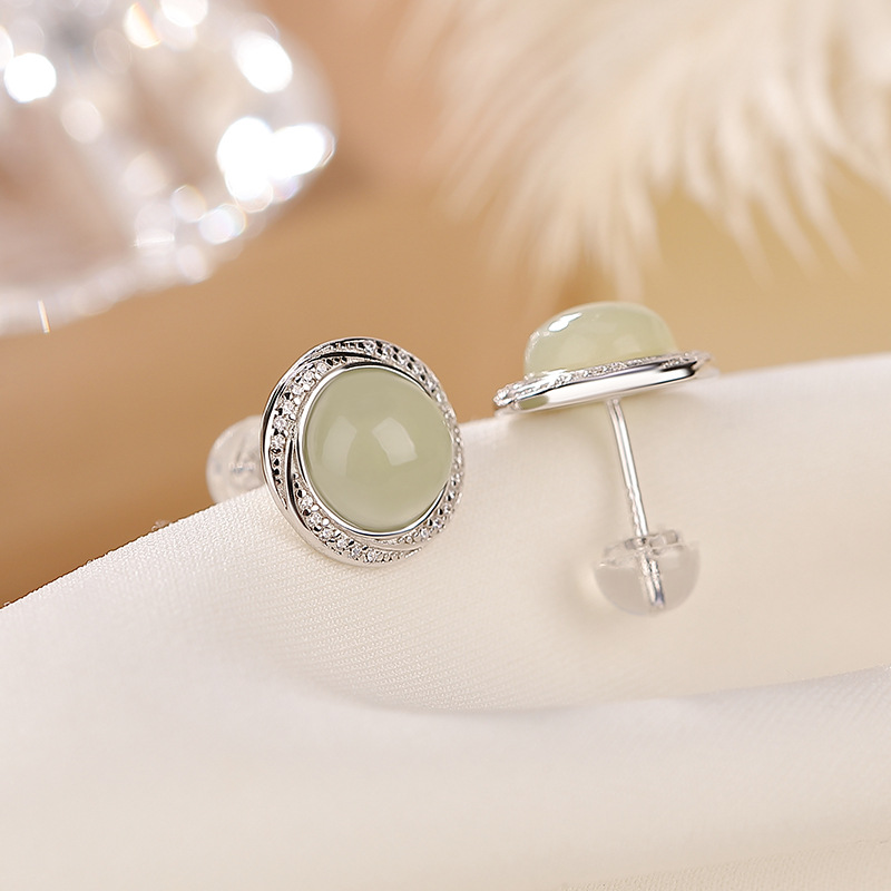 Bông tai hạt tròn ngọc bích mạ bạch kim bạc S925 thanh lịch — Kiểu mạ bạch kim