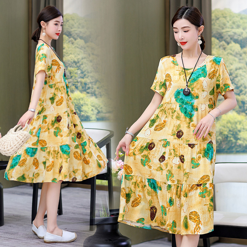 Cotton Silk Dress for Women, Summer Plus Size, Fashionable Young Mom Style, Sweet and Elegant Floral Mid-Length Dress for Pregnant Women Cotton Silk Dress for Women, Summer Plus Size, Fashionable Young Mom Style, Sweet and Elegant Floral Mid-Length Dress for Pregnant Women