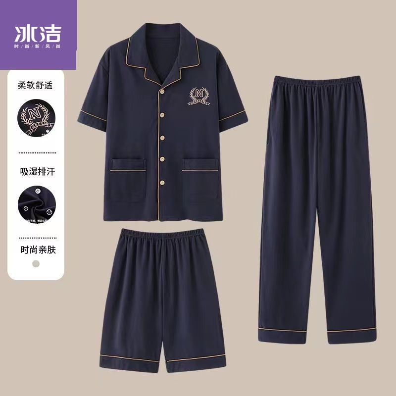 100% pijamas de algodón de los hombres de verano cardigan pantalones cortos de manga corta pantalones de tres piezas delgada más tamaño homewear traje