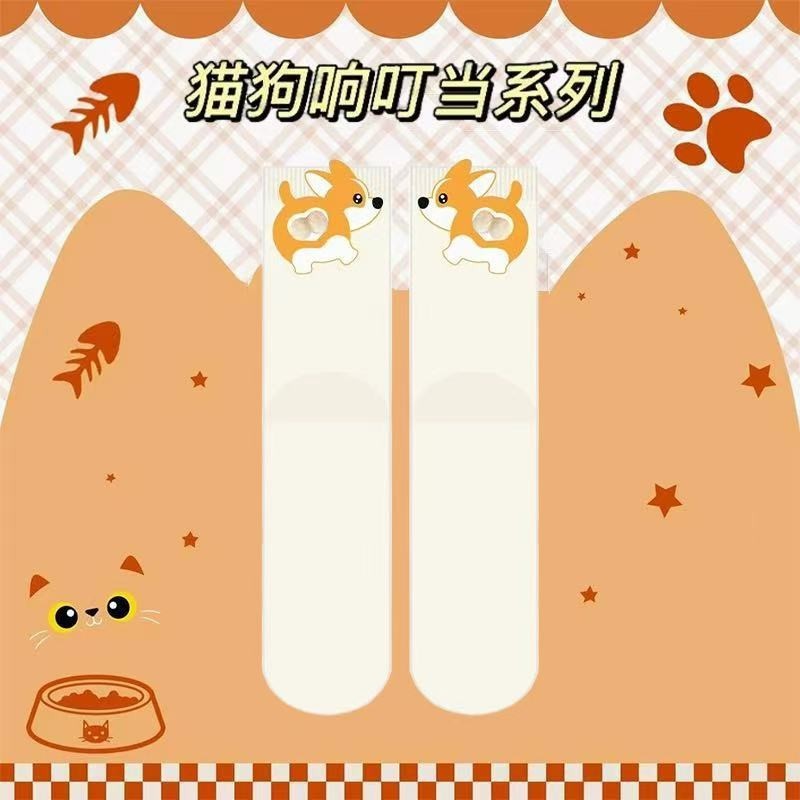 【现货】白色卡通猫咪叮叮当蛋蛋袜子女夏季ins棉可爱搞怪中筒袜|undefined