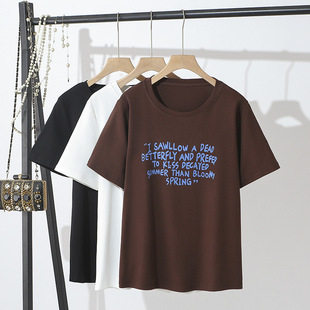 2025 Summer Cotton Shirt Short-sleeved plus size Women's Letter Printed Top Slim Casual Shirt Fat Girl All-match T-shirt 2506