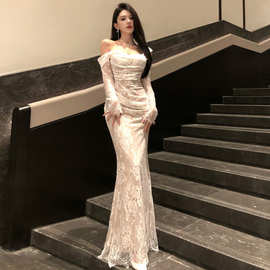 年会战袍礼服长裙设计感蕾丝鱼尾抹胸收腰显瘦内搭氛围感连衣裙子