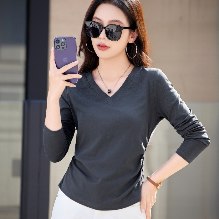 52001 Spring and Autumn Long Sleeve V-Neck T-Shirt for Women, Stylish 2025 New Model, Solid Color Base Shirt, Versatile and Slim Fit 52001 Spring and Autumn Long Sleeve V-Neck T-Shirt for Women, Stylish 2025 New Model, Solid Color Base Shirt, Versatile and Slim Fit