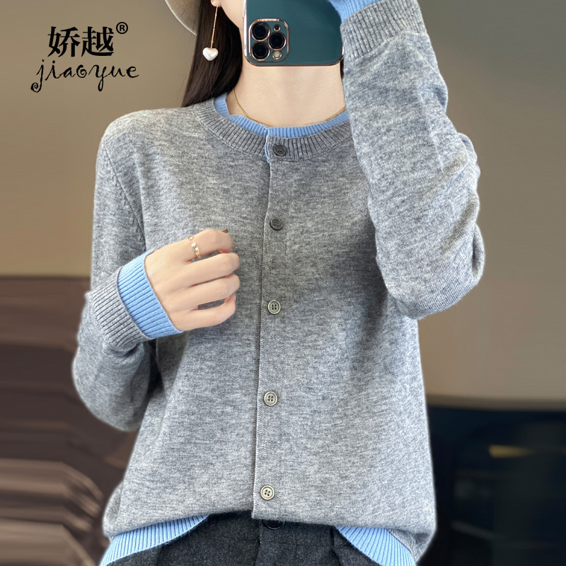 Knitwear Sweater Women's New Andy Velvet Fake Two-piece Color-block Cardigan Single-breasted Round Neck Casual Top Jacket