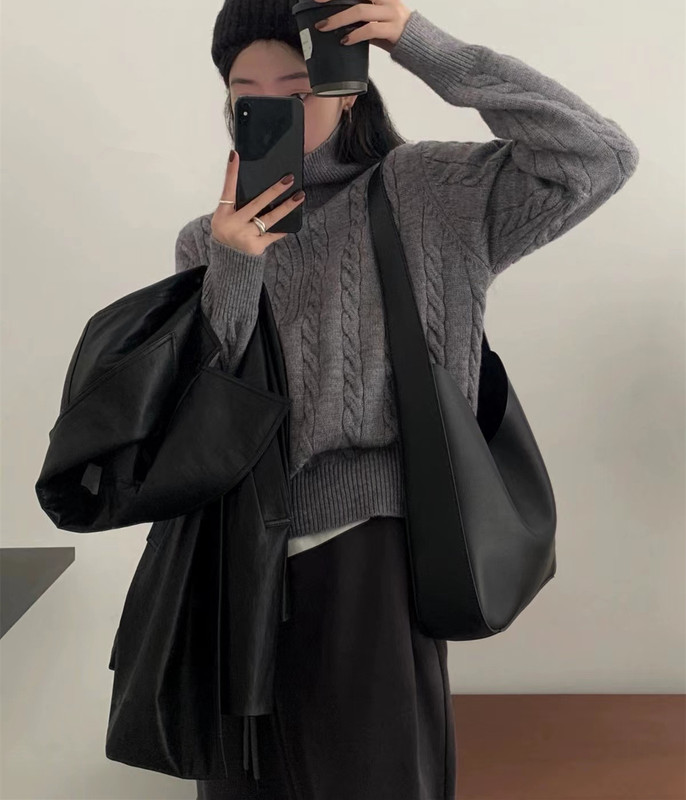 翻领设计感麻花拉链针织衫秋冬女装长袖纯色气质宽松上衣女套头|undefined