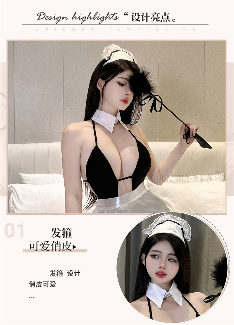 Maid Roleplay Lingerie Set with Apron, Headpiece and Thong, See-Through Polyester Uniform — detail image 6