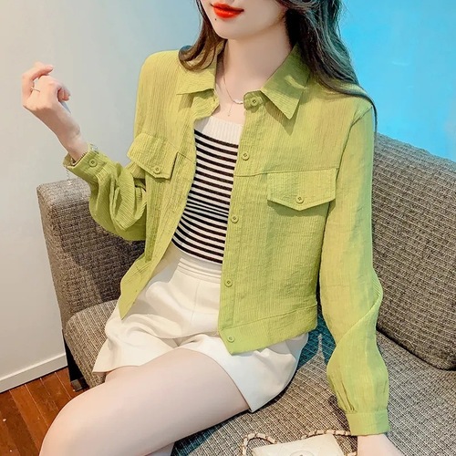 Summer Women's Shirt-Syle Open-Front Blazer Outerwear Loose Long-Sleeve Chiffon Versatile Thin Loose Top for Women