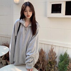 灰色polo领半拉链卫衣女秋冬薄款韩版宽松bf慵懒风长袖上衣ins潮