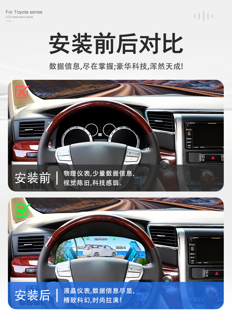 Suitable for Toyota Alphard 20 Series and 30 Series Modification and Upgrade with Carplay Full Lcd Instrument Panel Display