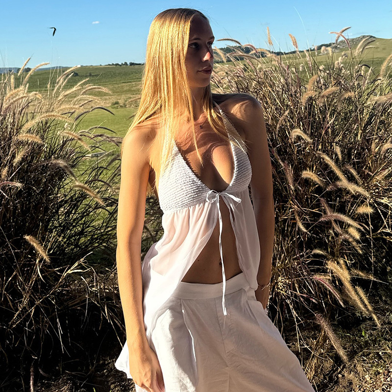 2025 nuevos productos de verano ropa de mujer transfronteriza europea y americana color sólido costura sexy perspectiva honda top camiseta de mujer al por mayor