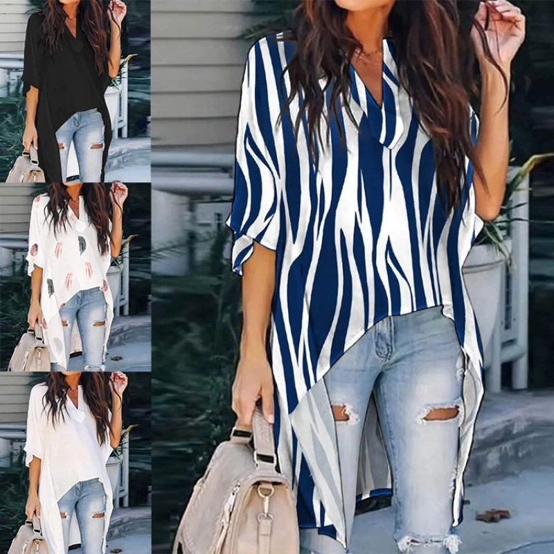 2023 Amazon летний Повседневный модный Свободный Топ с V-образным вырезом и рукавом «летучая Мишка» с коротким передом и длинной рубашкой неправильного кроя для женщин