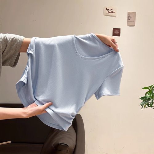 2025 Summer New Short Sleeve Top Modal V-Neck Double-Side Pleated Slimming High-End T-Shirt for Women Fashion